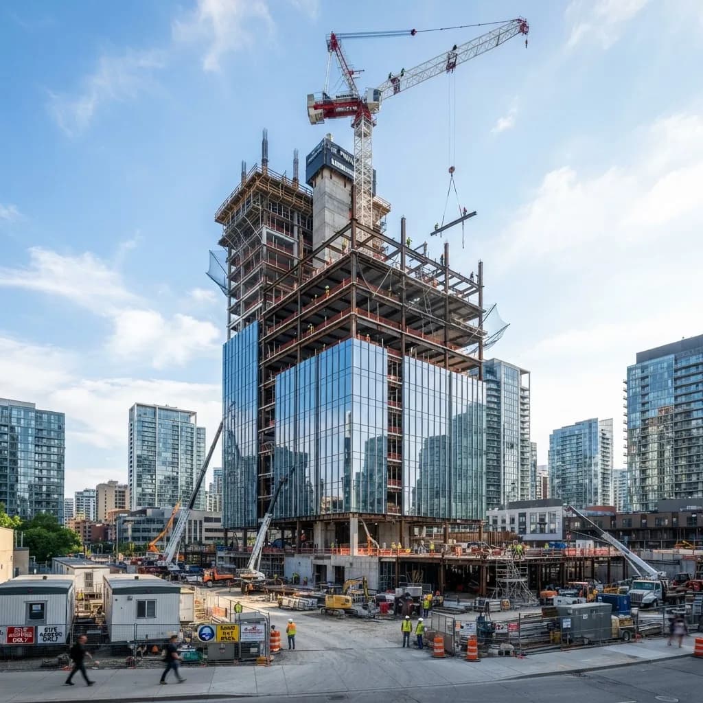 Modern commercial construction site with a glass office tower and tower crane