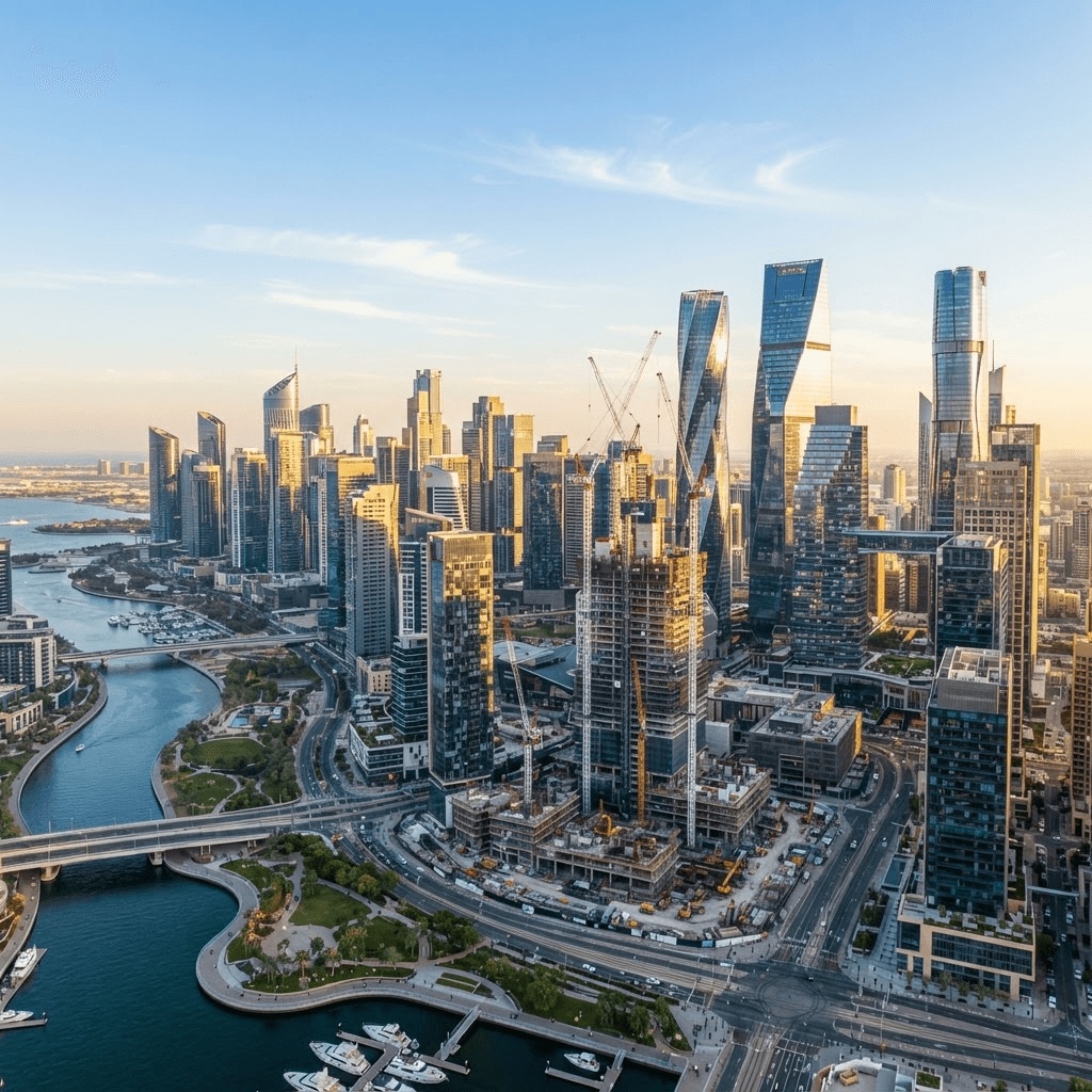Aerial view of a futuristic commercial skyline with glass towers and construction cranes at golden hour