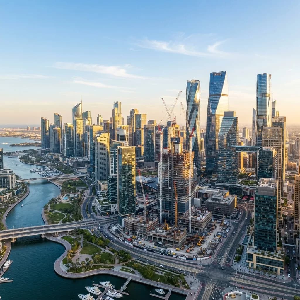 Aerial view of a futuristic commercial skyline with glass towers and construction cranes at golden hour
